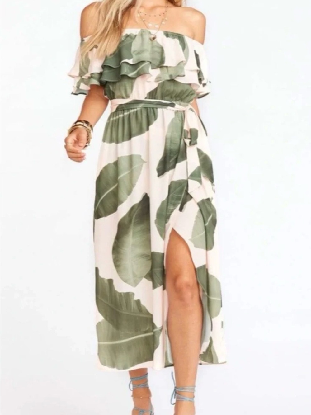 Show Me Your MuMu Pink Maxi Dress with Green Leaf Print